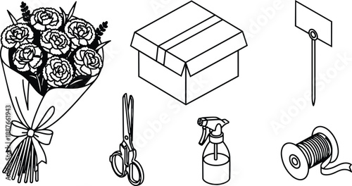 Line art floral bouquet with wrapping ribbon and roses scissors box gift tag spool and spray bottle top down arrangement clean minimal vector outline monochrome detailed