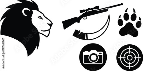 Flat design bold animal and hunting icon set with lion head profile looking left scoped rifle curved blade paw print camera symbol target simple black silhouette
