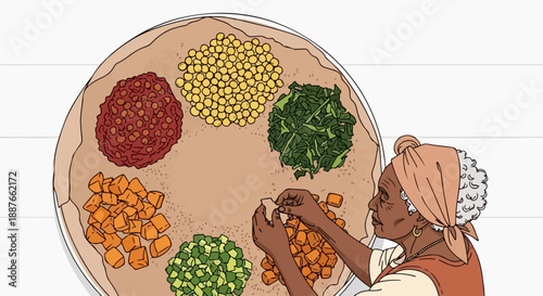 Woman preparing Ethiopian cuisine, arranging stews on injera. Authentic Ethiopian cuisine features vibrant legumes, greens, savory preparations, showcasing heritage.