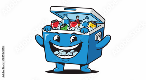 Cheerful cool box character brimming with refreshing drinks, ice, displaying wide smile, friendly gesture. Blue cool box mascot ideal for summer campaigns, outdoor promotions.