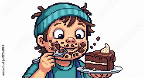 Happy boy eating cake with messy face and joyful expression. Little boy eating cake with chocolate crumbs all over his cheeks, holding a spoon.