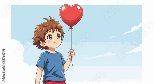 Young boy holds red heart balloon with gentle gaze under blue sky, capturing childlike innocence. Adorable boy heart balloon conveys pure childhood happiness, love, and heartfelt emotion.