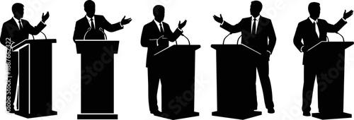 Silhouette set of public speaker at podium, businessman giving speech, politician behind tribune, conference presentation concept, vector illustration on white background, leadership.