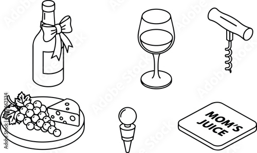 Line art vector close up uncorked wine bottle with bow beside poured wine glass and cheese platter with grapes corkscrew stopper and coaster moms juice calm