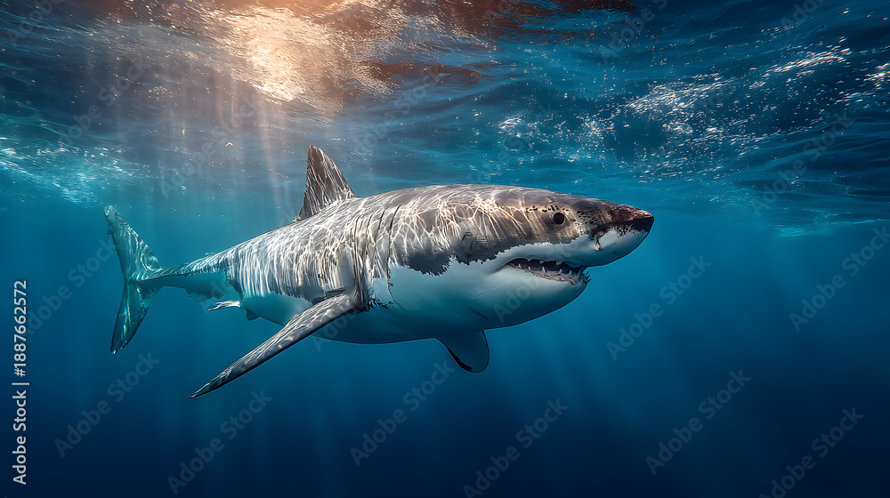 Fototapeta premium Sunlight dancing on the back of a powerful great white shark in the abyss.