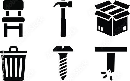 Flat design minimal black icon set showing chair hammer open box trash can screw drill bit and packaging symbols in clean grid layout simple modern silhouette