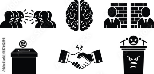 Flat design set of political conflict icons close up showing arguing crowd brain divide ballot box broken handshake and angry podium bold silhouette high contrast vector