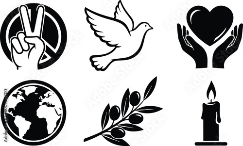 Flat design close up peace icon set with dove olive branch candle heart hands world map and victory hand in simple black silhouette clean minimal stroke