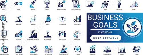 Goals and Business Success Solid Icon Set Target, Growth, Achievement, Strategy, Milestone, Profit, Vision, Leader, Win Professional Vector Editable