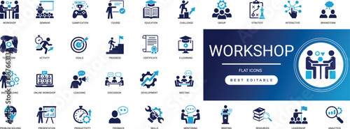 Workshop Training Education Solid Icons Workshop, Training, Seminar, Skill, Mentor, Learning, Classroom, Coaching, Teacher Professional Vector Set Editable