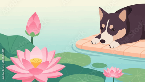 A dog rests on a raft in a serene pond with blooming lotus flowers