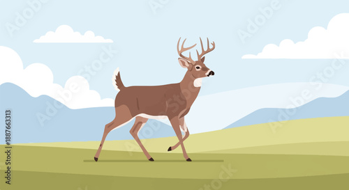 A deer with antlers walks across a grassy landscape under a blue, cloudy sky