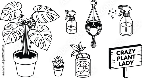 Line art vector set of potted monstera and succulent propagation jar macrame hanger spray bottle small potted plant and crazy plant lady sign clean outline illustration