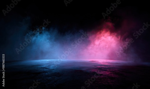 Smoky scene with a ground lit by blue and pink hues, against a dark background