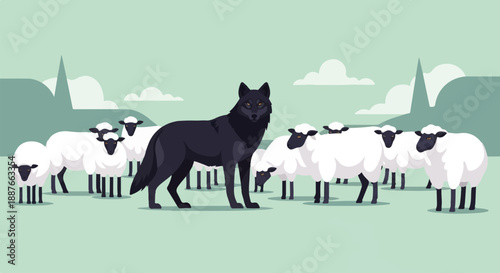 A dark wolf stands alert among a flock of white sheep under a pale sky