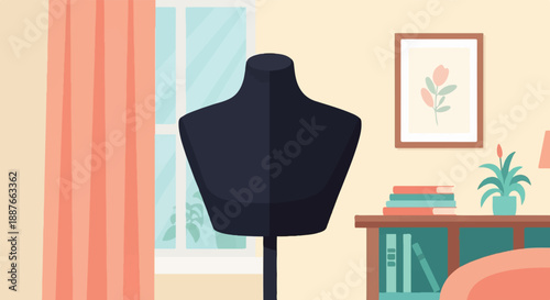 A dark dress form stands in a room beside a window with coral curtains