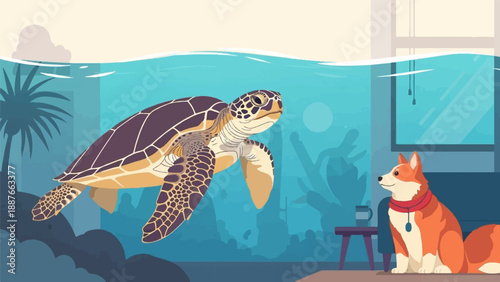A dog looks at a turtle in a home aquarium with plants