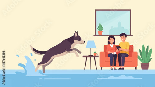 A dog leaps into water inside a home while a couple watches from a couch