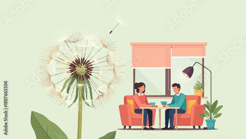 A couple enjoys a quiet moment at home with a large dandelion