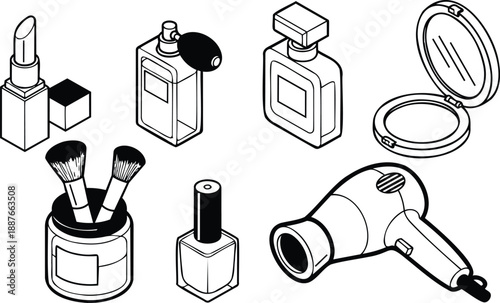 Isometric line art top view makeup set with lipstick compact brushes nail polish perfume bottle and hair dryer in clean outline style black white minimal vector