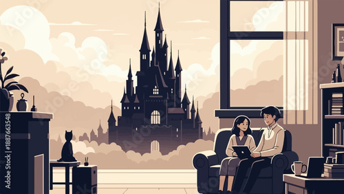 A couple on a couch gazes at a laptop, a dark castle looms beyond a window