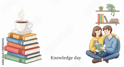 A couple reading a book with their dog, beside a stack of books and a cup of coffee