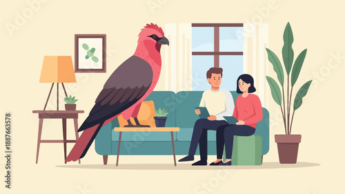 A couple reading books in a living room with a giant bird