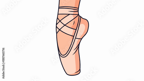 A dancer's foot in a pink pointe shoe with ribbons tied