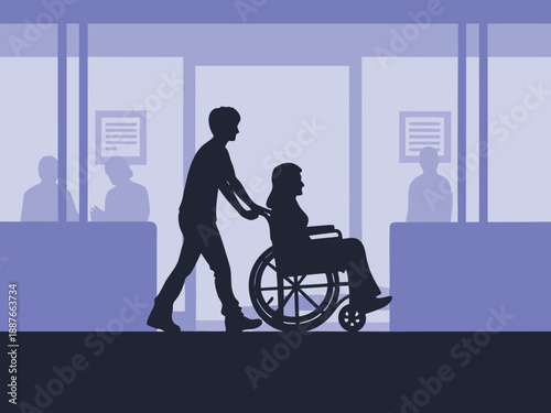 A silhouette of a person assisting another in a wheelchair indoors