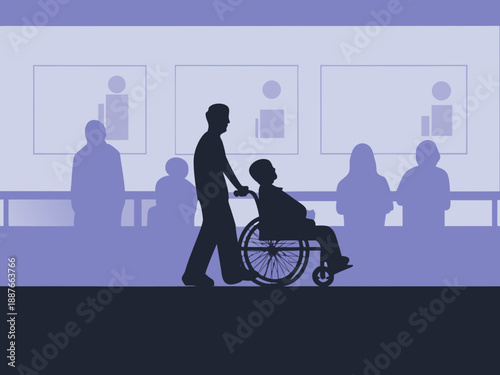 A hospital corridor scene with people and a patient in a wheelchair
