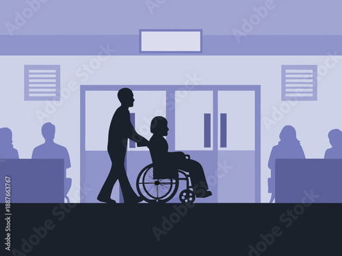 A healthcare worker assisting a patient in a wheelchair at a hospital