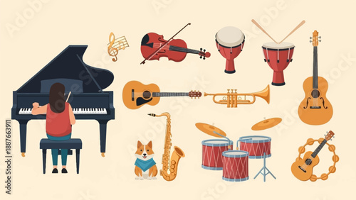 A collection of musical instruments and a person playing the piano