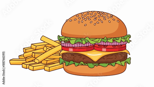 A close-up illustration of a delicious hamburger with french fries