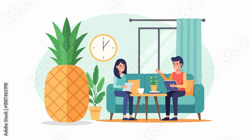 A cartoon illustration of two people discussing ideas while a large pineapple sits nearby