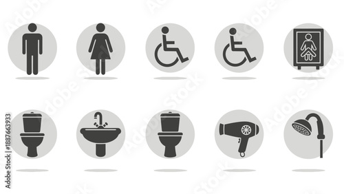 Collection of public restroom icons and symbols.