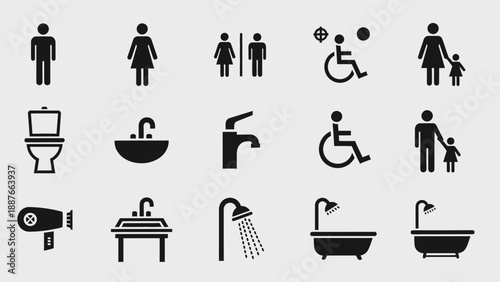 Collection of bathroom and restroom icons and symbols.
