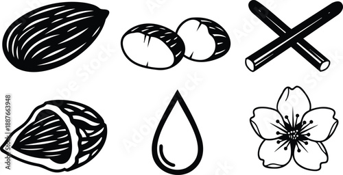 Line art vector almond icon set showing whole almond sliced nut oil droplet cinnamon sticks blossom and cracked kernel arranged in row simple black and white