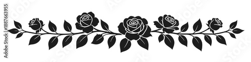 Black rose flower border silhouette with multiple blooms and leaves arranged in a horizontal botanical design isolated on white background.