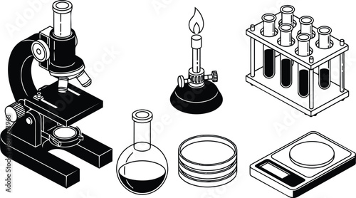 Isometric line art high angle view of laboratory equipment with compound microscope looking at slide plus flask petri dish test tubes scale and bunsen burner precise