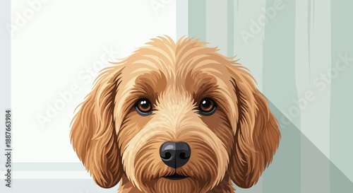 A close-up, digital illustration of a fluffy, light brown dog's face with expressive eyes