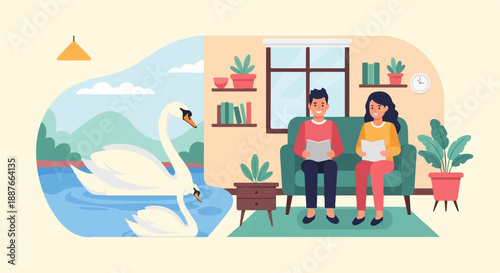 A couple relaxing indoors while two swans glide on a serene lake outdoors