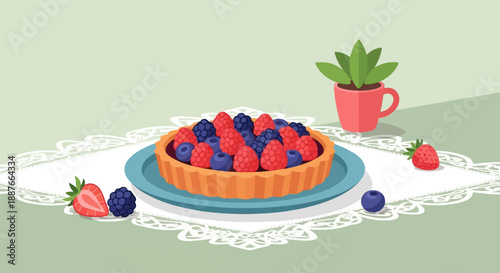 A berry tart sits on a lace doily with a potted plant and loose berries