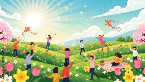 Happy People Flying Kites in Flower Field during Sunny Day