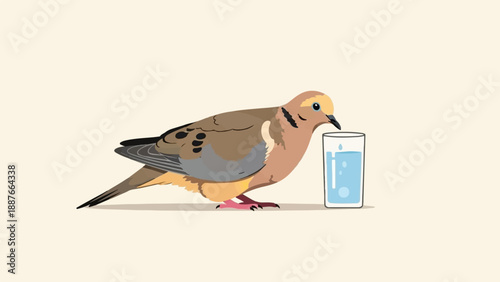 A bird drinks water from a glass