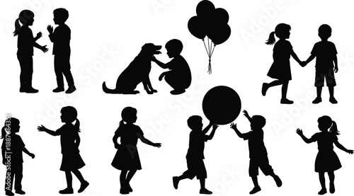 Children silhouette collection showing kids playing together, friendship moments, balloons, pet interaction, and happy childhood activities isolated on white background