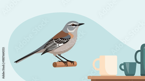 A bird perched on a stick above mugs and a teapot