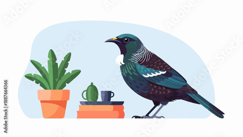 A bird perches near a potted plant and a coffee set on a table