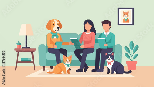 A dog and two people sit on a sofa with cats, reading books