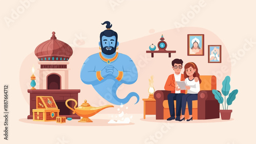 A blue genie emerges from a lamp to a couple on a couch
