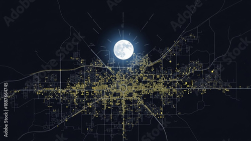 City Map at Night with Full Moon, Yellow Lights, Navigation and Drone View